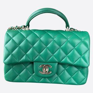 Chanel Green Lambskin Quilted Mini Top Handle Flap Bag
